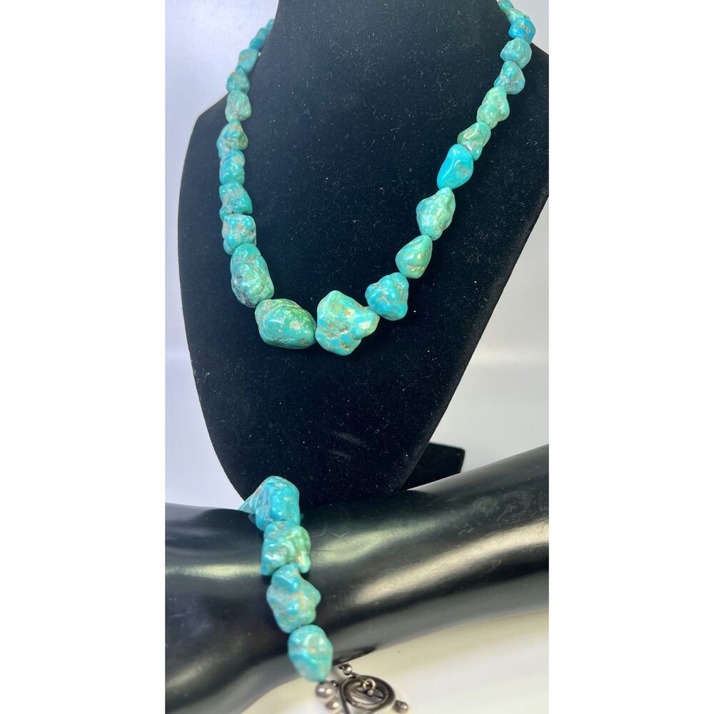 Native American Sterling Silver Chunky Turquoise Beaded Necklace / Bracelet Set